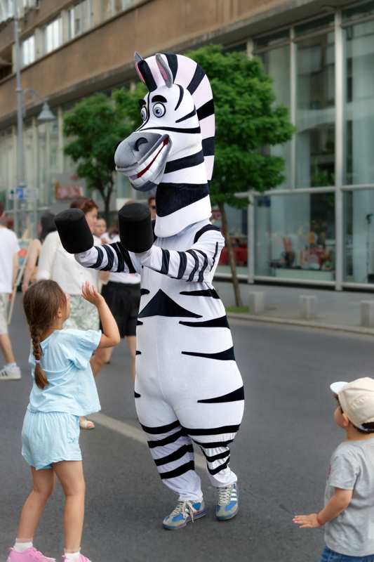 2 - Person in a mascot costume depicting Marty the Zebra from the Madagascar movie franchise